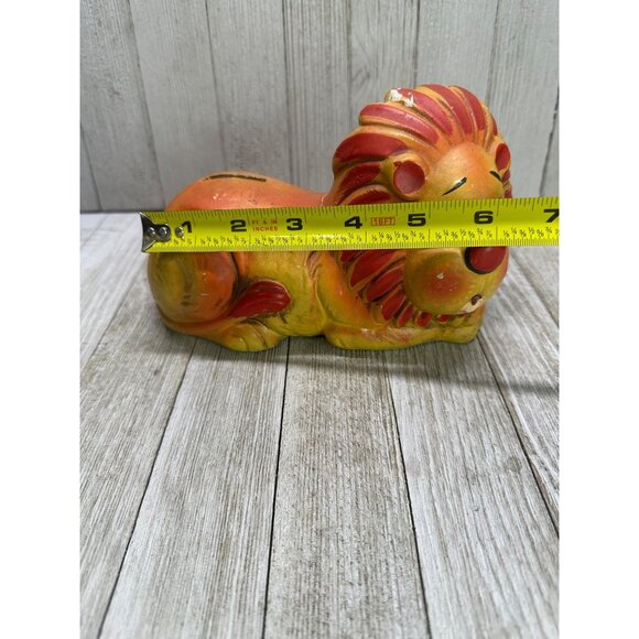 Vintage MCM Chalkware/Paper Mache Lion Coin Piggy Bank Painted Red Orange 6.5" L - Picture 5 of 8